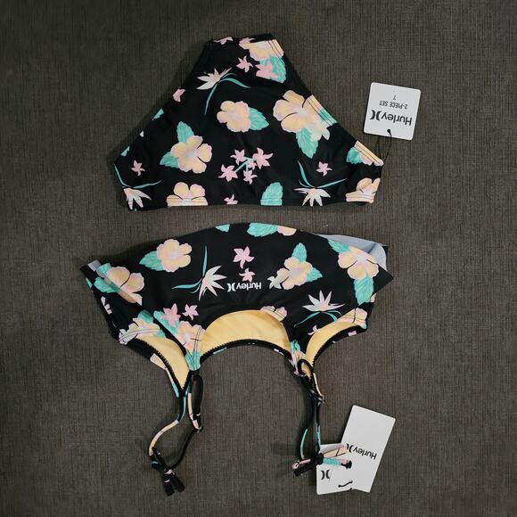 NWT Hurley Girl's Black Multi Floral Flounce Bikini Swimsuit 2 Piece Set Size 7 - Picture 4 of 4